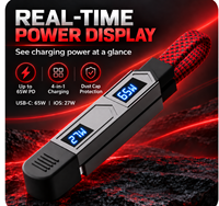 Câble de charge 4-en-1 porte-clés 65W PD, câble tressé court avec affichage de puissance double pour cadeaux de voyage