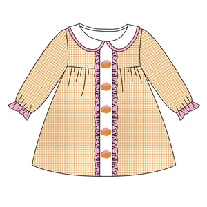 Baby Girls Customized Fall Pumpkin Embroidery Smocked Long Sleeve Plaid Print Wholesale Knee Length Collar Party Dresses