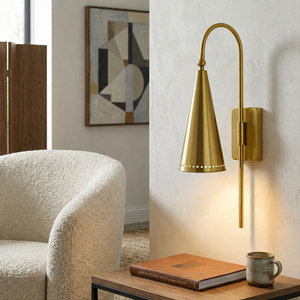 Lámpara de pared de latón con forma de cono para el hogar, villa u hotel, con brazo oscilante curvo y pantalla perforada, ideal para lectura junto a la cama, aplique de pared interior. - Product Image 6