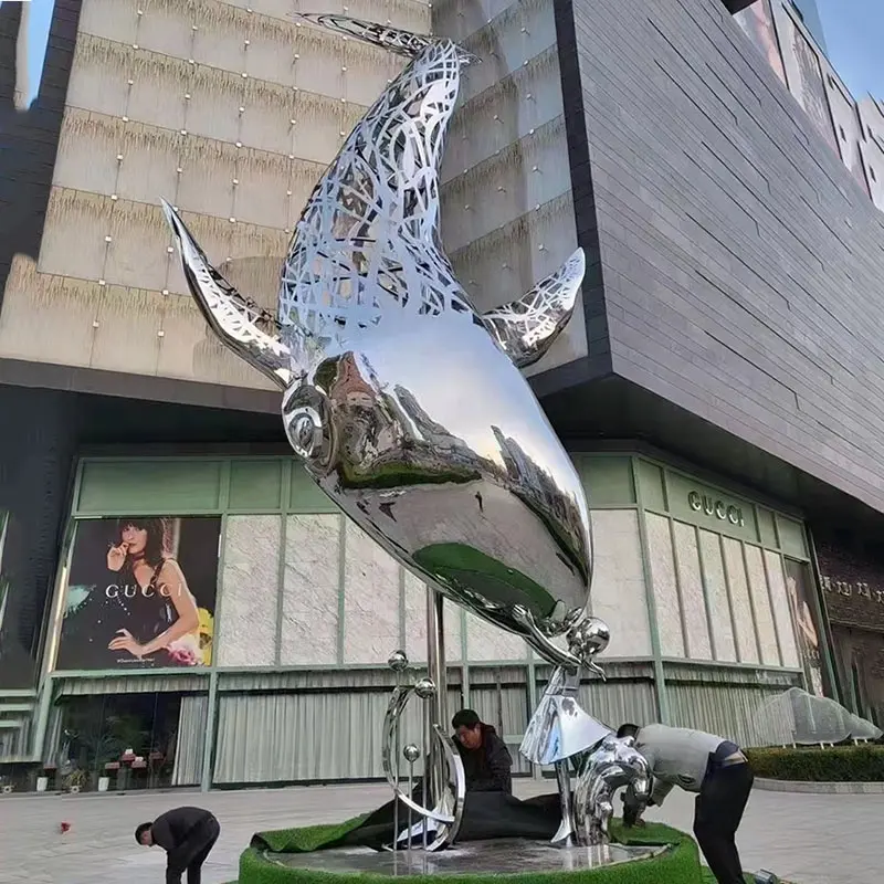 Decoración urbana de gran tamaño nuevo diseño Plaza empresa uso espejo de acero inoxidable delfín escultura de metal