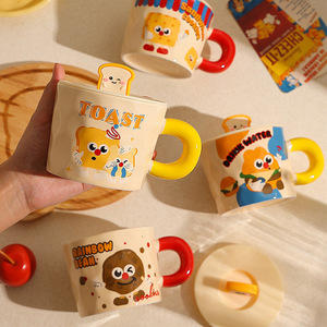 Tasse en céramique Cerouky avec couvercle, 301-400ml, design Toast, pour café, thé, usage domestique, cadeau pour filles, rentrée scolaire - Product Image 1