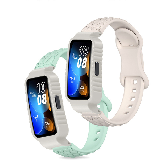 Silicone Watch Band with Protective Case for Huawei Band 8 9 10 NFC Textured Diamond Strap