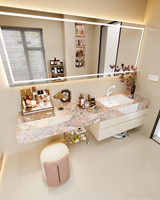 XINGRUO Meja Rias Kamar Mandi Putih Krim dengan Kabinet Cermin LED Berlapis Marmer, Wastafel Tunggal, Set Meja Rias Mewah Modern