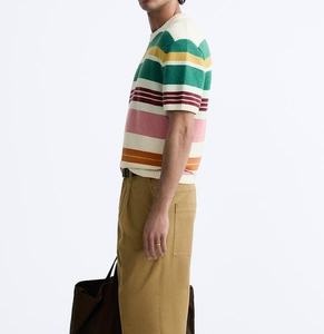 Camiseta de punto de algodón informal de moda personalizada Camisa de punto de manga corta de punto intercolor a rayas para hombre - Product Image 3