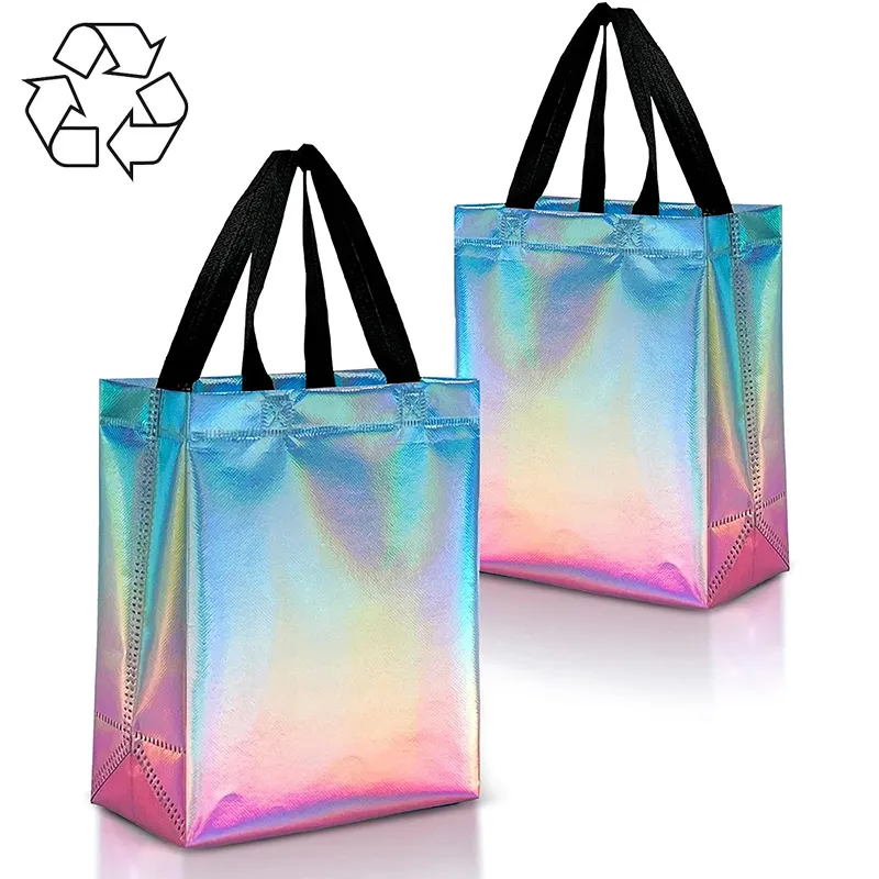 Tas tote kain belanja tidak ditenun, tas paket tote ramah lingkungan laminasi bersinar metalik dengan logo cetak kustom