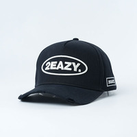 Gorra de lujo de 5 paneles estilo streetwear oscuro, negra, con efecto desgastado vintage, logotipo bordado 3D personalizado y visera con efecto destruido, estilo Hip Hop