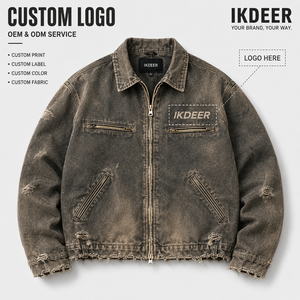 Giacca in tela vintage IKDEER effetto invecchiato, lavata, con cerniera intera personalizzata e orlo grezzo, abbigliamento casual utility - Product Image 3