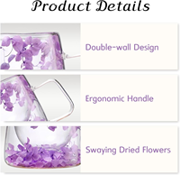 Vente en gros d'usine, tasse à café en verre transparent personnalisée de 350 ml, en borosilicate de haute qualité, à double paroi, avec fleurs séchées