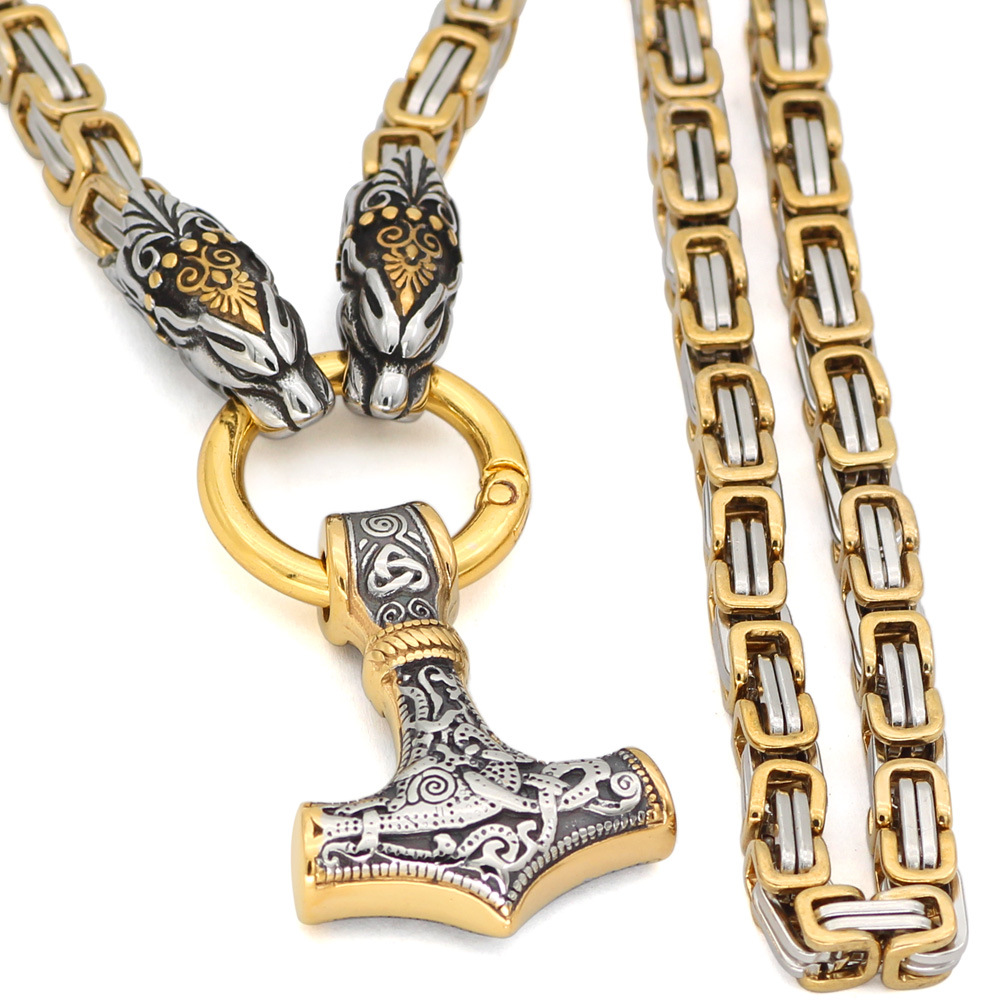 Collana Vichinga Martello Di Thor Mjolnir Con Testa Di Lupo - Acciaio Inossidabile 316L, Amuleto Norreno, Gioiello Uomo Mitologia Nordica, Catena 50-70 Cm