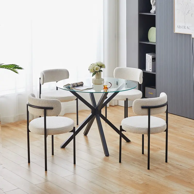 Gute Qualität runde minimalist ische kleine Möbel Esstisch mit 4 Stühlen Wohnzimmer moderne kleine Glas Esstisch Set