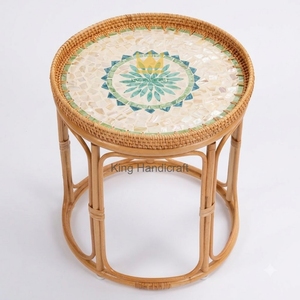 Modern Minimalist <b>Round</b> Rattan End <b>Table</b> Mother of Pearl Inlay Boho <b>Bedside</b> Nightstand Coffee <b>Table</b> Furniture - Product Image 1