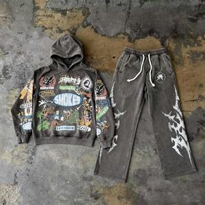 Oferta Especial: Sudadera con Capucha Oversize para Hombre, Transpirable, de Invierno, con Estampado Digital Directo y Lavado Ácido, y Pantalones Deportivos Acampanados con Pedrería Apilada - Product Image 1