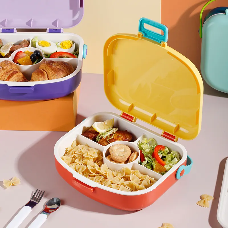 BPA-Free Square Plastic Kids Bento Box 4 Compartments Portable Leakproof Sealed Lunch Box with Stainless Steel Fork and Spoon