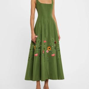 Women's Casual Midi Dress Floral Embroidery Sleeveless with Round Neck & Pockets <b>Sweet</b> Style Natural Waistline Woven Washable - Product Image 2