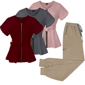 Uniformes Médicos de Diseño al por Mayor, Fabricante de Uniformes de Enfermería de Tela Premium, Conjuntos de Uniformes Azules Ajustados a la Cintura con Cinturón - Product Image 2