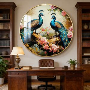 Personalización de Arte Mural 3D, Decoración de Pared para Sala de Estar, Pintura Circular de Pavo Real en Porcelana de Cristal con Luces LED - Product Image 4