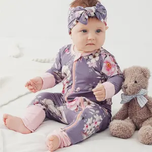 Customized Design Bamboo Spandex Baby Footie Romper Newborn Long Sleeve Plain Baby Organic Cotton Baby Pajamas Clothes