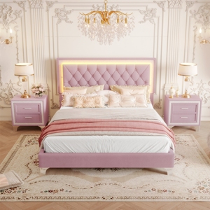 3-Piece Pink Bedroom Set, <b>Bed</b> Size Upholstered <b>Platform</b> <b>Bed</b> with LED Lights & 2 Nightstands, Tufted Headboard <b>Bed</b> <b>Frame</b> - Product Image 1