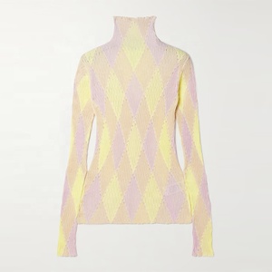 Hàng Dệt Kim Nhà Sản Xuất Tùy Chỉnh Mùa Xuân Mùa Thu Màu Hồng Cao Cổ Dài Tay Áo Kim Cương Kiểm Tra Cotton Đan Phụ Nữ Áo Thun Áo Len - Product Image 1