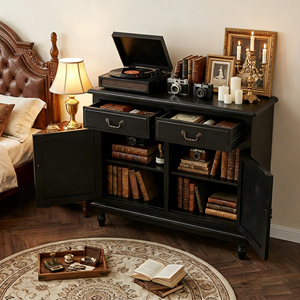 Armoire de rangement <span class=keywords><strong>vintage</strong></span> noire à 2 tiroirs et 2 portes - <span class=keywords><strong>Buffet</strong></span> de style rétro pour la maison, la chambre à coucher/le salon - Product Image 1