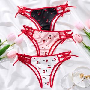 Nuevo diseño de punto para todos los días transpirable cómodo de tiro bajo lindo Color sólido Estampado de cereza cinta fina Lazo Rojo bragas de mujer - Product Image 1
