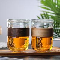 Ensemble théière et tasses à thé Kung Fu en verre borosilicate isolé, style américain, 350 ml (12 oz), compatible lave-vaisselle et micro-ondes, avec manchon en bois