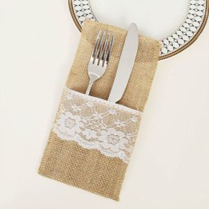 Wedding Party <b>Table</b> Setting Decorations Knife Fork With Lace Design Natural Hessian Burlap Utensil Holders - Product Image 2