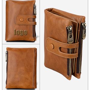 Black Zipper Leather Men's Wallet Vintage Crazy Horse Cowhide Contacts Wallet <b>Purse</b> Crazy Horse Casual Genuine Clip Genuine - Product Image 1
