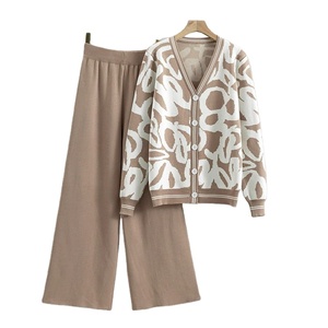B579 Damen 2-teilige Trainings anzüge Langarm-Strick pullover mit weitem Bein Outfits Loungewear-Sets - Product Image 1