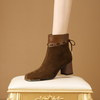 Bottes mi-mollet en cuir véritable et daim de haute qualité, nouvelle collection automne-hiver, à bout carré, talon épais de 6 cm, antidérapantes, avec fermeture éclair et lacets