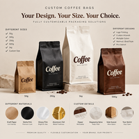 Sacs d'emballage pour grains de café imprimés sur mesure, pochette à huit soudures latérales avec valve de dégazage unidirectionnelle, sacs à café à fond plat de qualité alimentaire