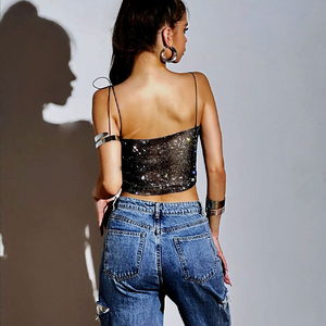 Ladies Sequined Rhinestones Chainmail Fishnet Suspenders <span class=keywords><strong>Top</strong></span> For Nightclub Party Black Crystal Mesh <span class=keywords><strong>Crop</strong></span> <span class=keywords><strong>Top</strong></span> - Product Image 4