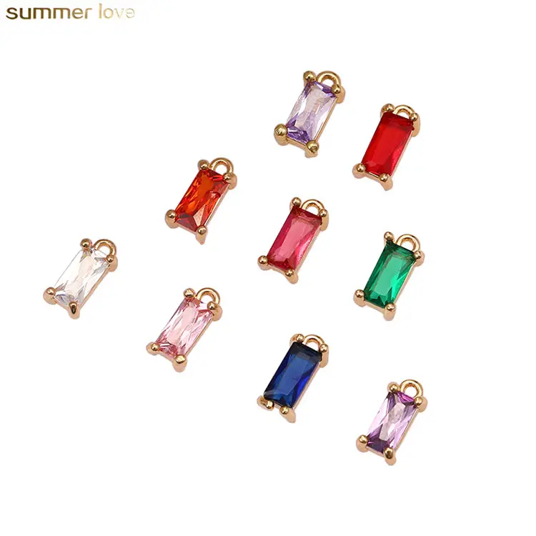 New Colorful Rectangular Copper Edging Initial Glass Crystal Pendant DIY Ladies Necklace Bracelet Charms for Jewelry Making