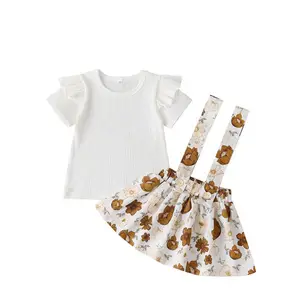 Boutique-Conjunto de ropa de algodón acanalado para niños y niñas, falda con tirantes y flores, Verano