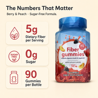 Gummies de fibres sans sucre à marque privée, 5g par portion, santé digestive, saveur baies et pêche, 90 unités, vente en gros