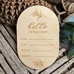 Plaque ovale moderne en copeaux de bois DIY pour naissance de bébé, joli panneau d'annonce de naissance avec décoration artisanale folklorique pour cadeau d'entreprise - Product Image 1