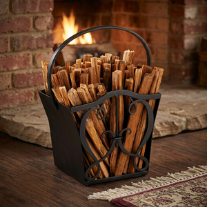 Support de bois de chauffage en métal noir avec panier robuste au design élégant pour cheminée de stockage de bûches et décoration intérieure - Product Image 1