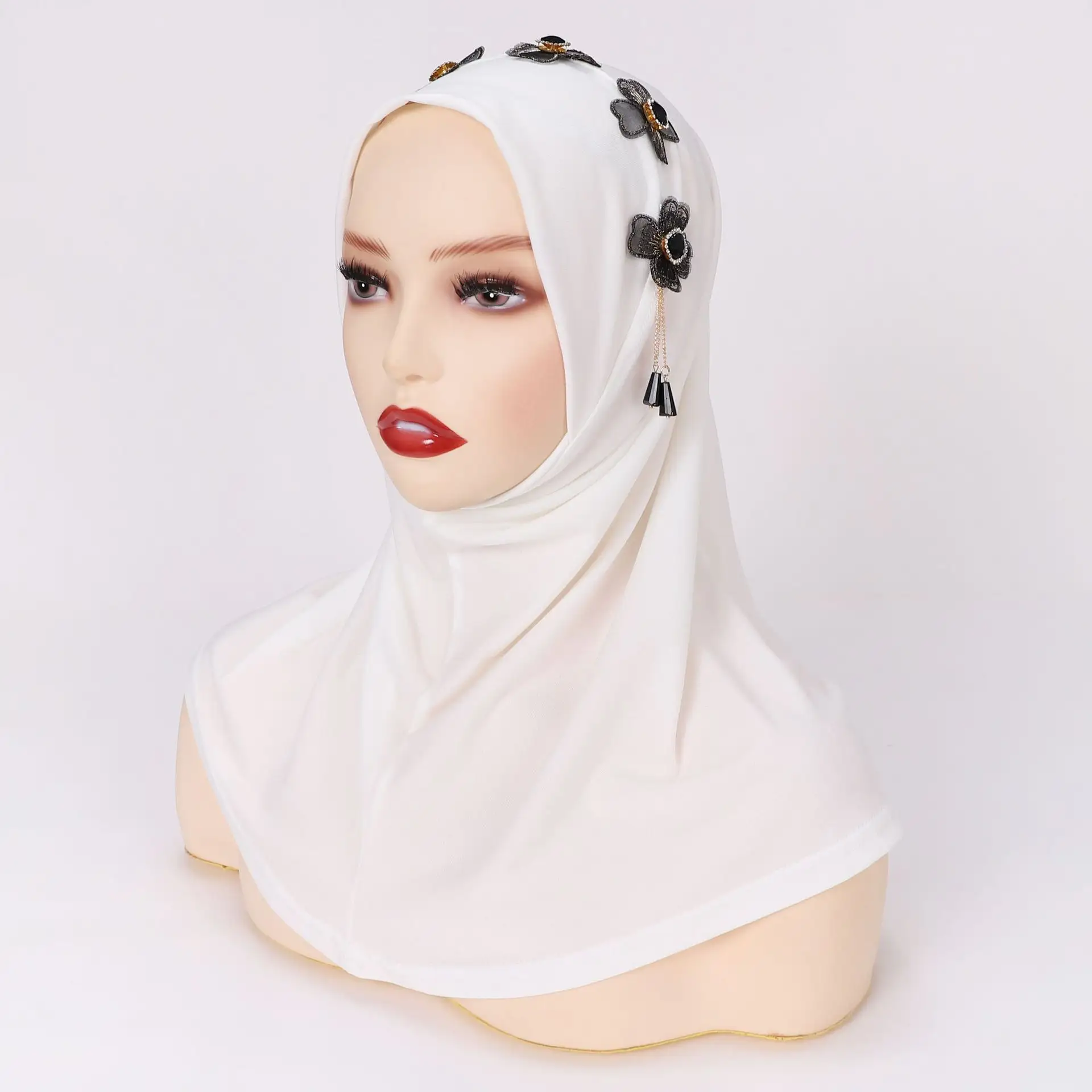 Hijab étnico de algodón de Color liso con flores para mujer, Hijab, gorro interior liso, bufanda musulmana turca, nuevos productos