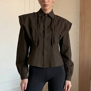 Chemisier à volants pour femme, col pointu, boutonnage frontal, manches longues, <span class=keywords><strong>en</strong></span> popeline de coton marron, vente <span class=keywords><strong>en</strong></span> gros, chemise de bureau - Product Image 2