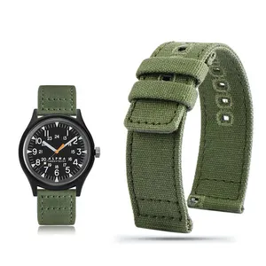 เย็บVINTAGE Customสีเขียวสีกากีสายนาฬิกาไนลอน 20 มม.22 มม.24 มม.Camouflage Quick Releaseผ้าใบนาฬิกาสําหรับชายหญิง