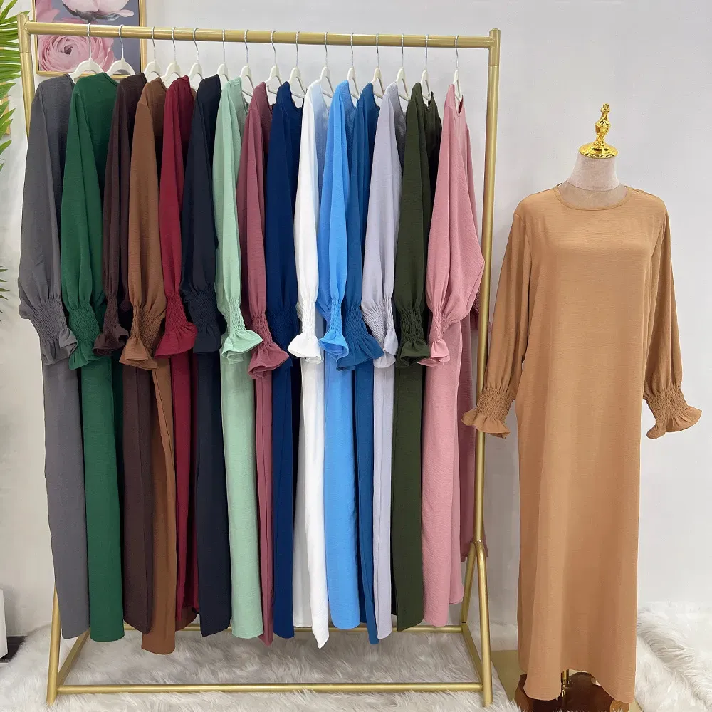 Custom Under Abaya Inner Long Slip Dress Solid Color Smocked Cuffs Long Sleeves Inner Slip Dress for Abaya