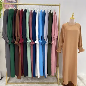 사용자 정의 아래 Abaya 내부 긴 슬립 원피스 단색 훈제 커프스 긴 소매 내부 슬립 원피스 Abaya를위한