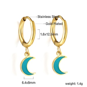 Elegantes Pendientes de Aro de Acero Inoxidable Impermeables con Baño de Oro de 18k, Diseño de Luna Azul, para Mujer - Product Image 2