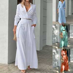 Conjunto de Dos Piezas para Mujer, Camisa Casual de Manga Larga o Corta de Color Sólido y <span class=keywords><strong>Pantalones</strong></span> de Pierna Ancha de Cintura Alta - Product Image 2