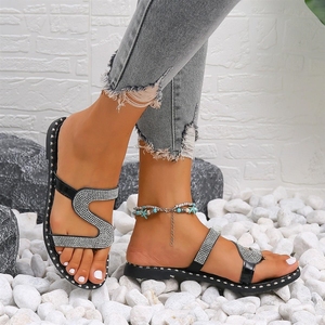 <span class=keywords><strong>Sandales</strong></span> plates pour femmes été 2025 - Décoration en strass tendance, tongs confortables à bout ouvert, grandes tailles EU 42-43, pour la plage et le quotidien - Product Image 2
