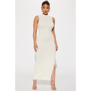 Robe décontractée pour femme, sans manches, col montant côtelé, fente latérale haute, extensible, style personnalisé, haute qualité - Product Image 1