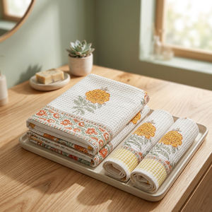 Juego de Toallas de Algodón Waffle de la Mejor Calidad, 1 Toalla de Baño y 2 Toallas de Mano, Secado Rápido, Diseño Floral Estampado a Mano, Rectangulares, para el Hogar - Product Image 3