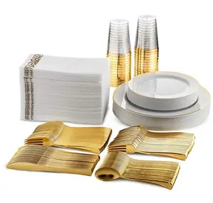 America Hot Sale gold rim white disposable plates plastic Dinnerware Set for wedding party