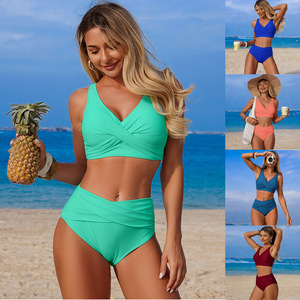 Conjunto de bikini para mujer, traje de baño de dos piezas con cintura alta y cuello en V profundo para nadar y practicar deportes acuáticos - Product Image 2