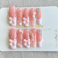 Ongles press-on longs carrés style français, couvrance totale, rose et blanc, motifs 3D en acrylique, doux, réutilisables, avec colle, faux ongles artificiels